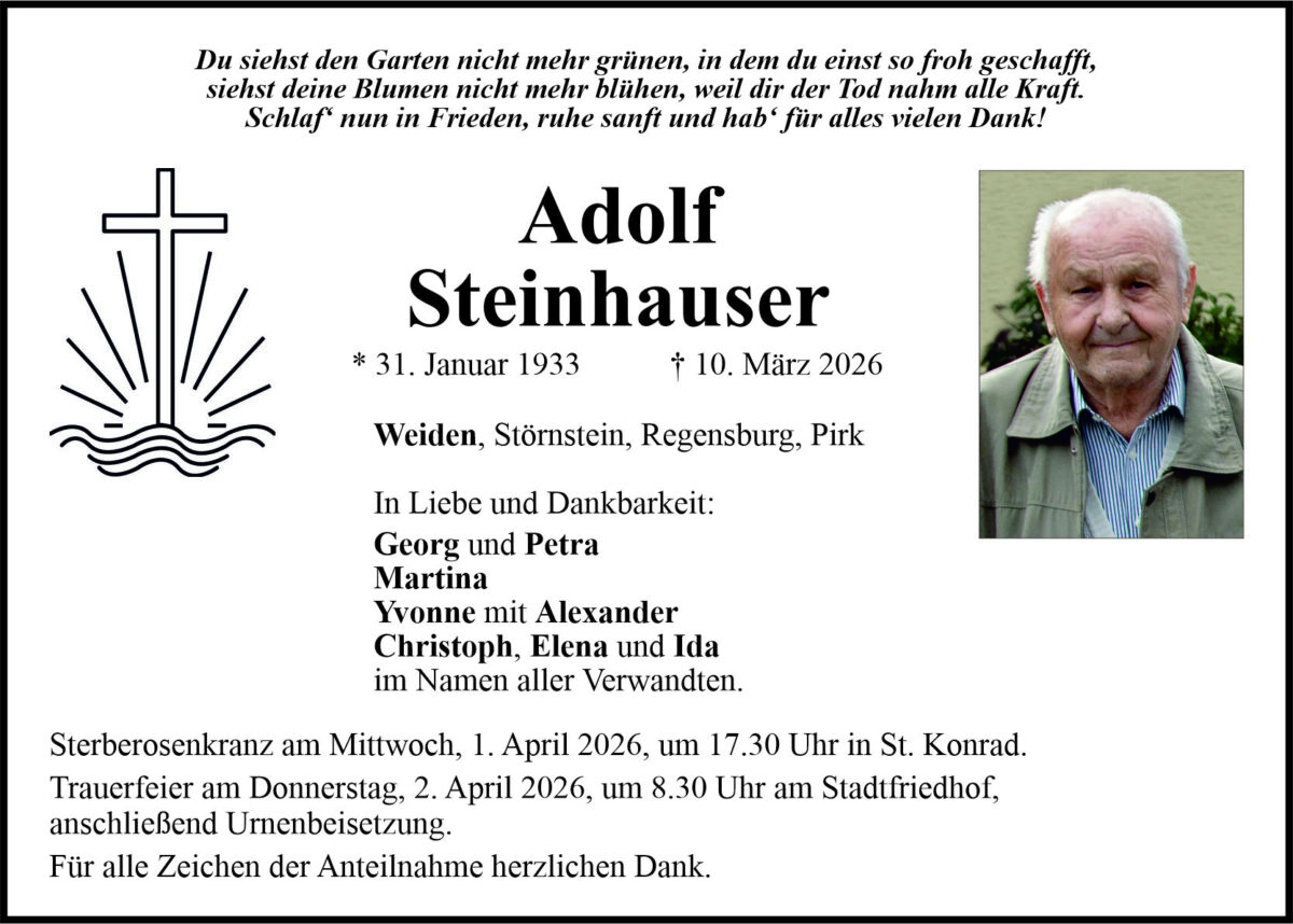 Traueranzeige Adolf Steinhauser, Weiden