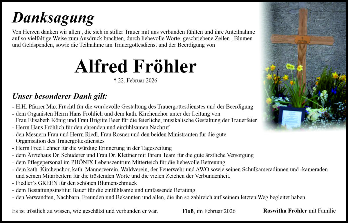 Traueranzeige Alfred Fröhler, Floß