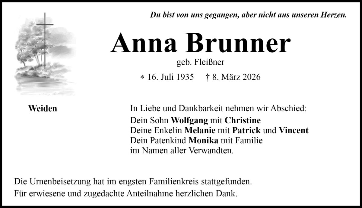 Traueranzeige Anna Brunner, Weiden