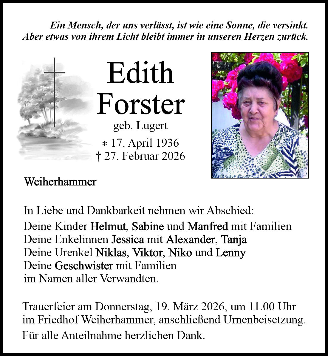 Traueranzeige Edith Forster, Weiherhammer