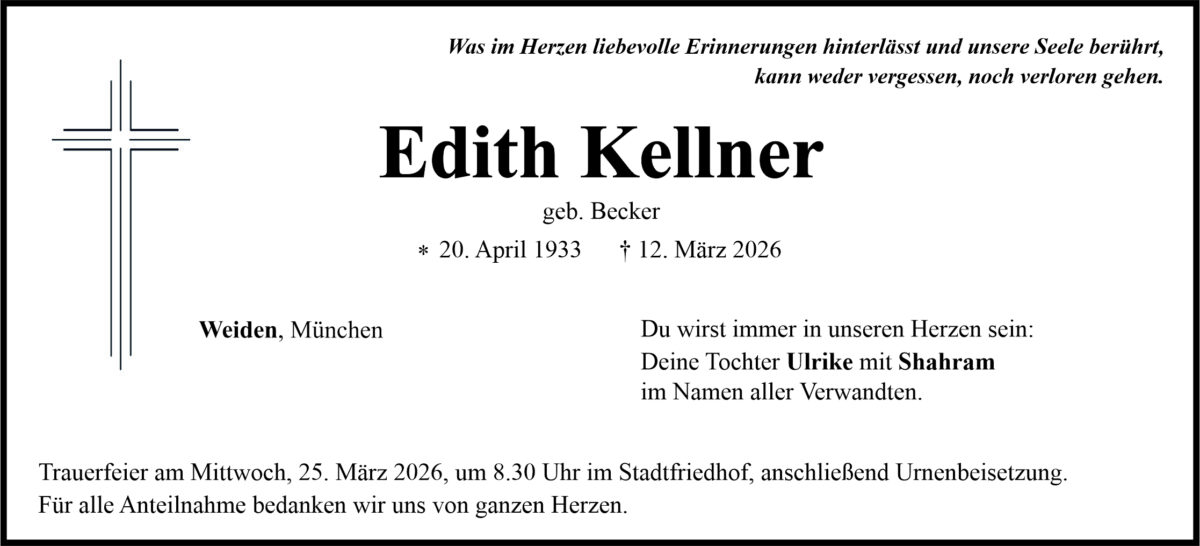 Traueranzeige Edith Kellner, Weiden
