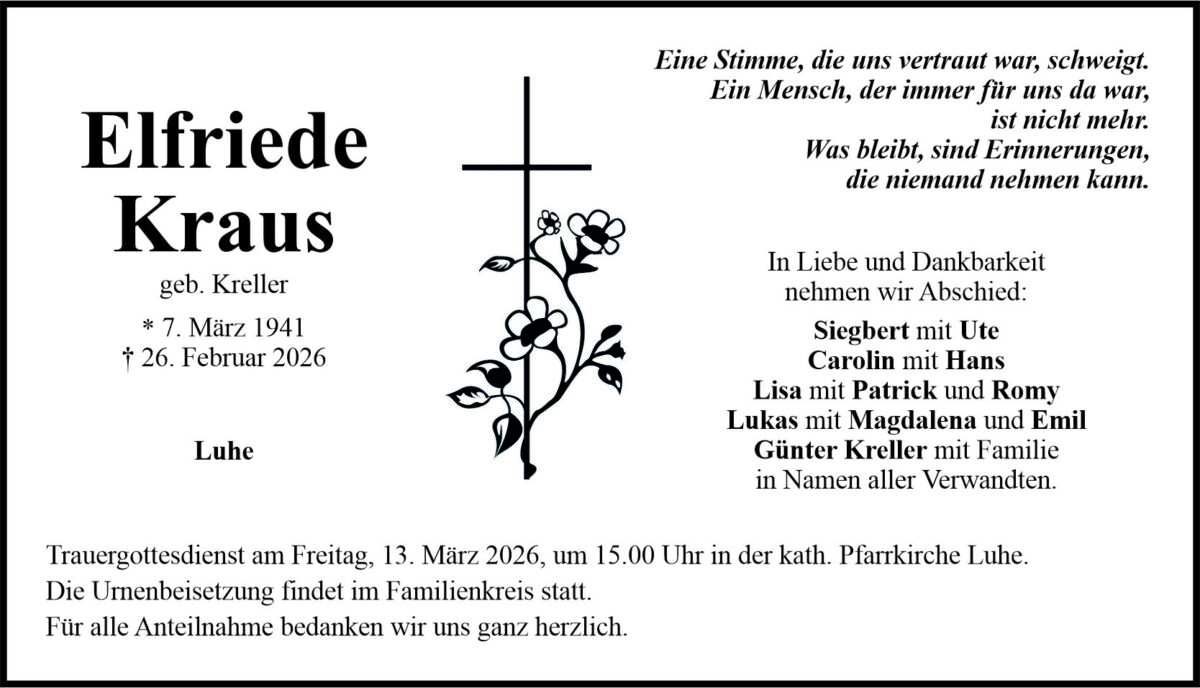 Traueranzeige Elfriede Kraus, Luhe