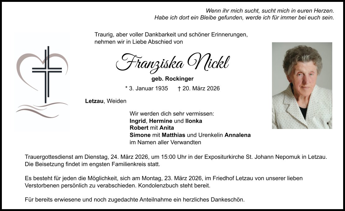 Traueranzeige Franziska Nickl, Letzau