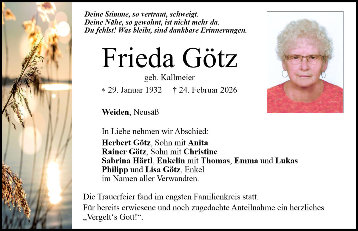 Traueranzeige Frieda Götz, Weiden