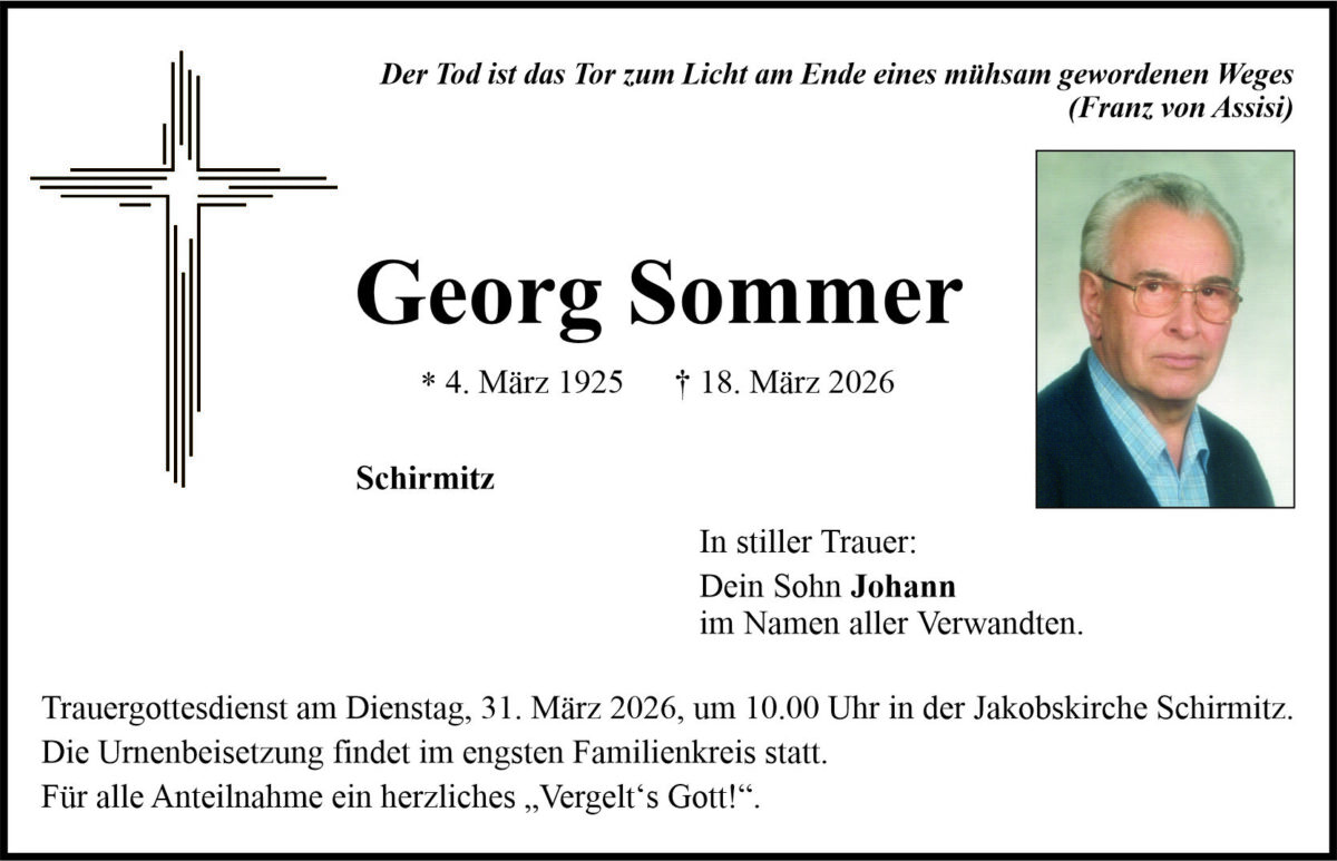 Traueranzeige Georg Sommer, Schirmitz