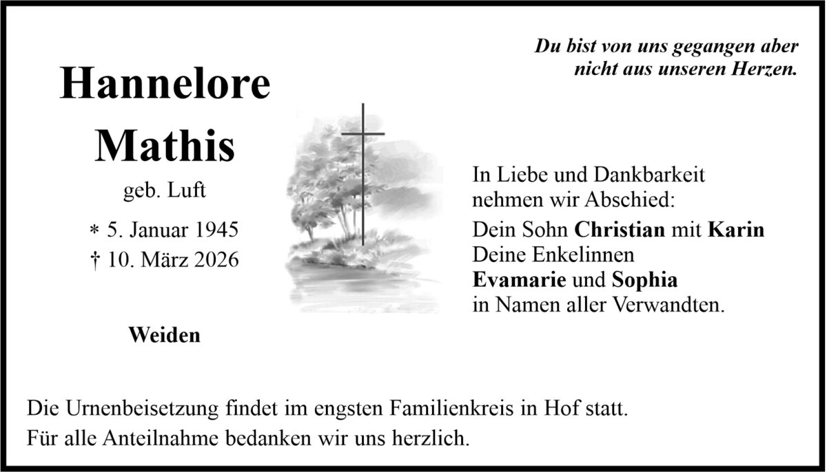 Traueranzeige Hannelore Mathis, Weiden