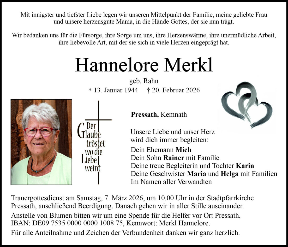 Traueranzeige Hannelore Merkl, Pressath