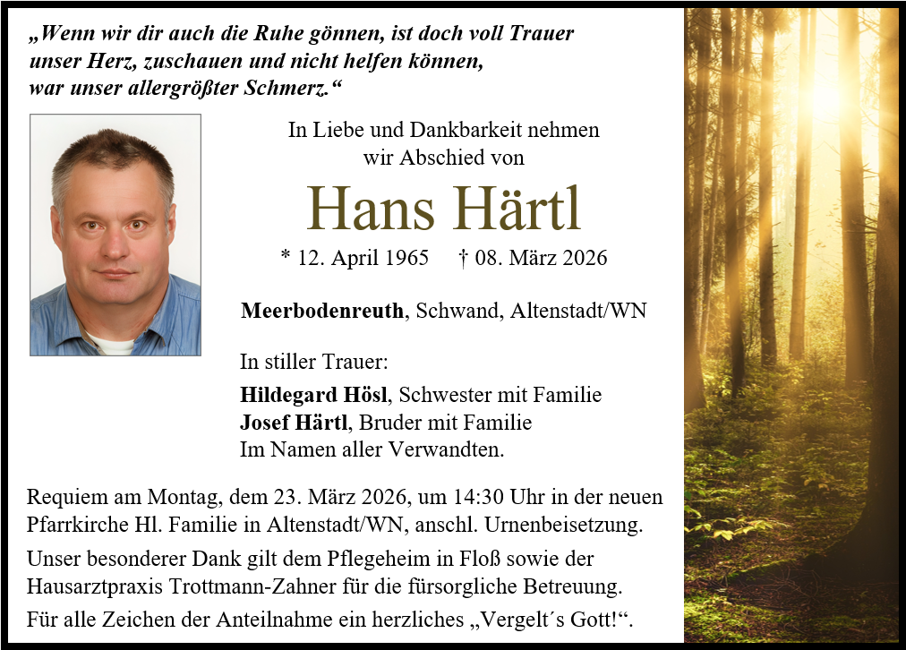 Traueranzeige Hans Härtl, Meerbodenreuth
