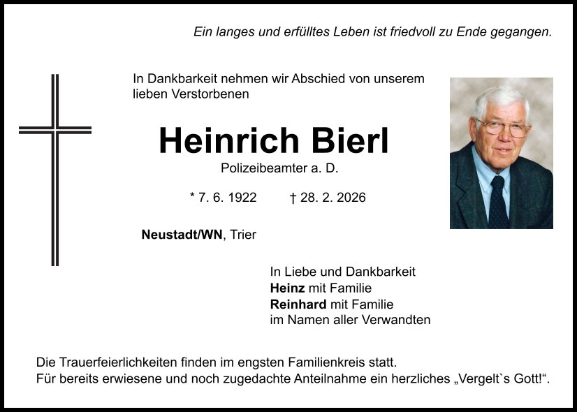 Traueranzeige Heinrich Bierl, Neustadt/WN