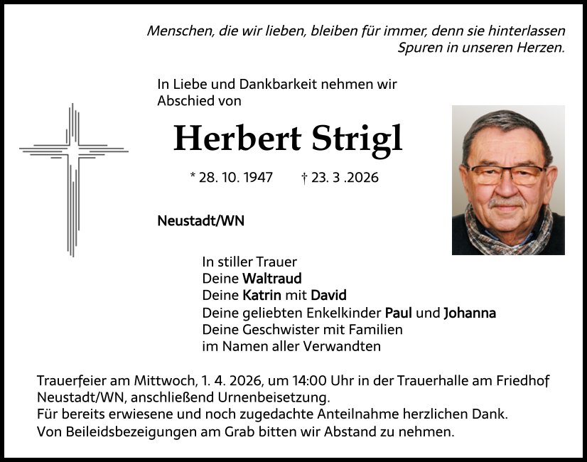 Traueranzeige Herbert Strigl, Neustadt/WN