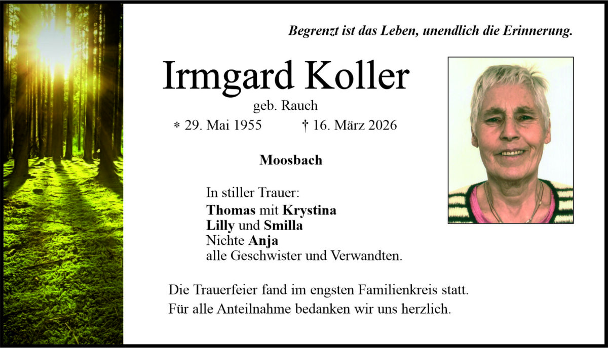 Traueranzeige Irmgard Koller, Moosbach