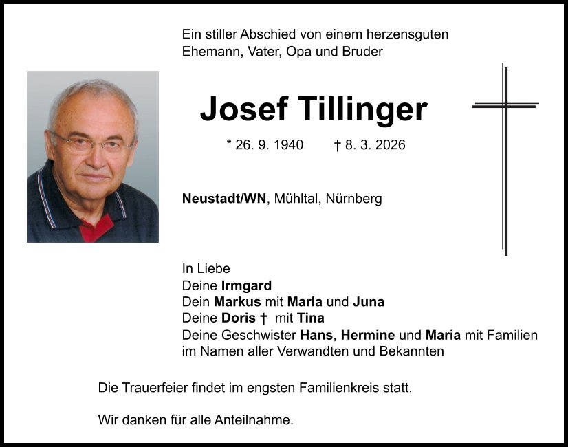 Traueranzeige Josef Tillinger, Neustadt/WN