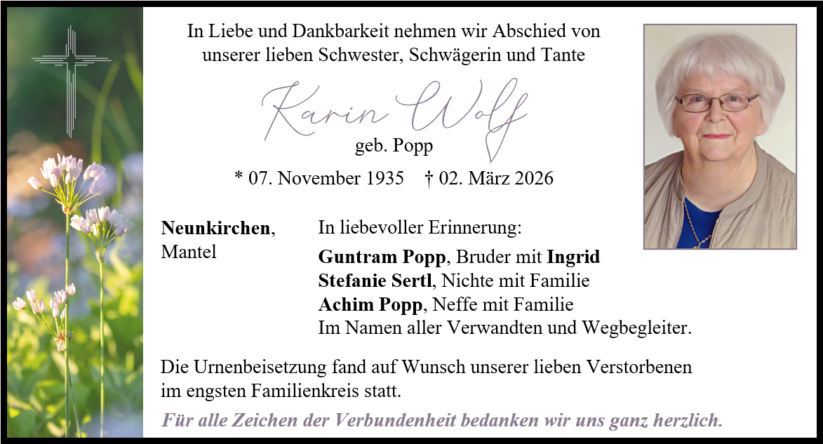 Traueranzeige Karin Wolf, Neunkirchen