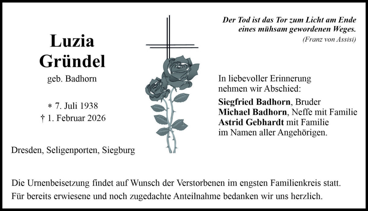 Traueranzeige Luzia Gründel, Dresden