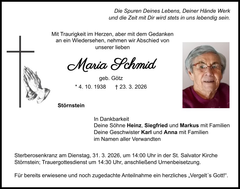 Traueranzeige Maria Schmid, Störnstein