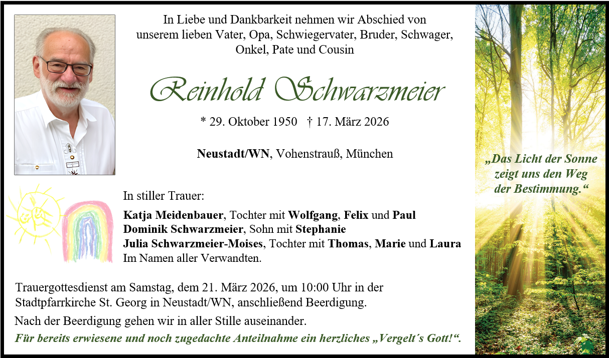 Traueranzeige Reinhold Schwarzmeier, Neustadt/WN