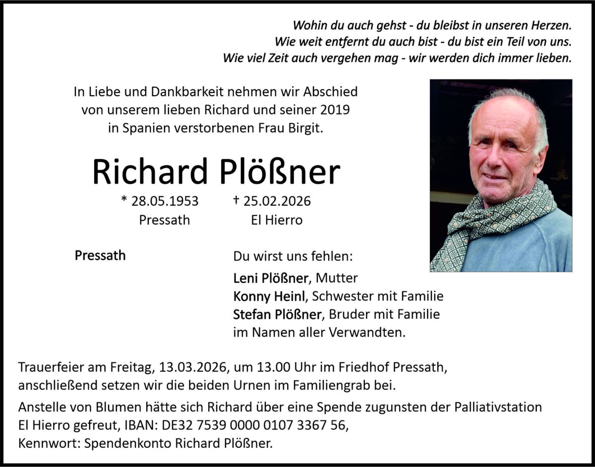 Traueranzeige Richard Plößner, Pressath