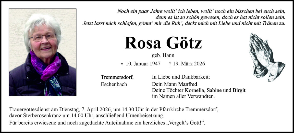 Traueranzeige Rosa Götz, Tremmersdorf
