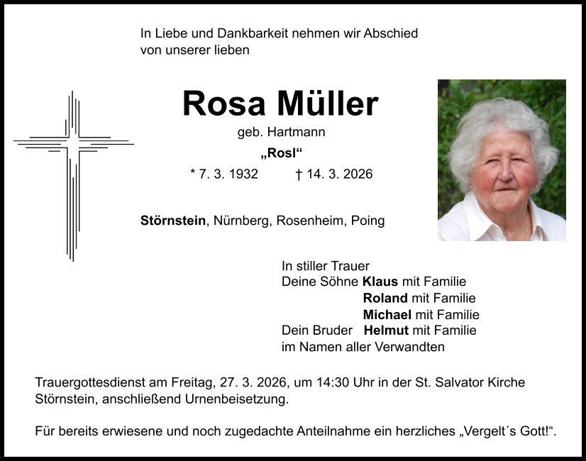 Traueranzeige Rosa Müller, Störnstein