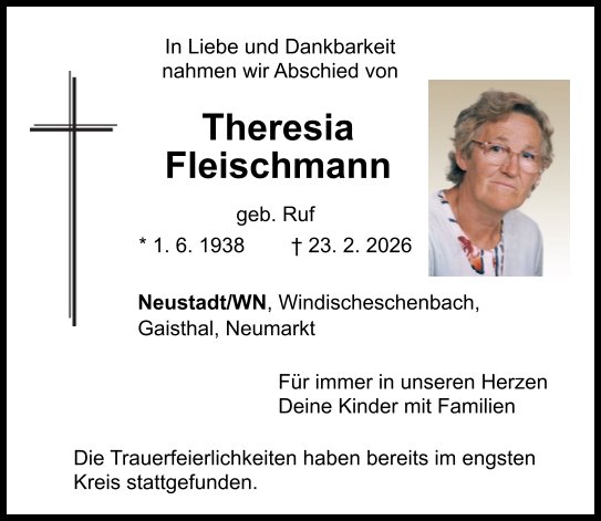 Traueranzeige Theresia Fleischmann, Neustadt/WN