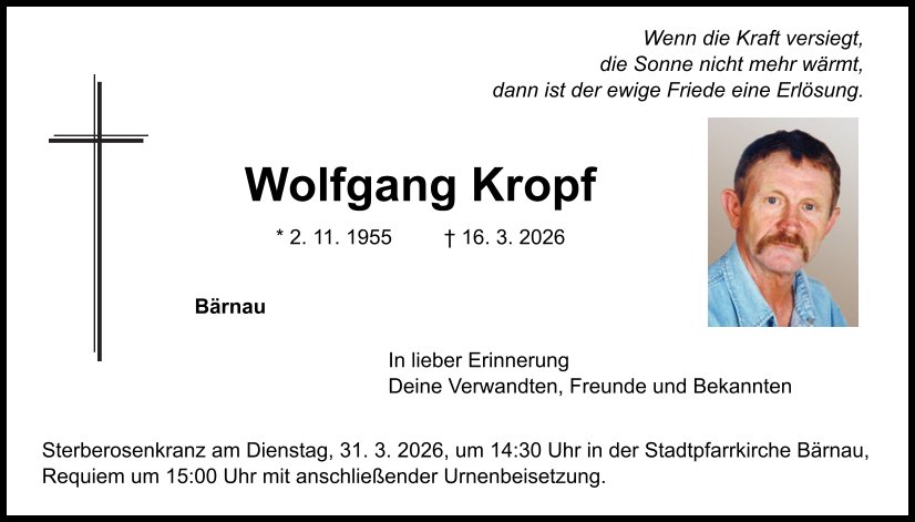 Traueranzeige Wolfgang Kropf, Bärnau