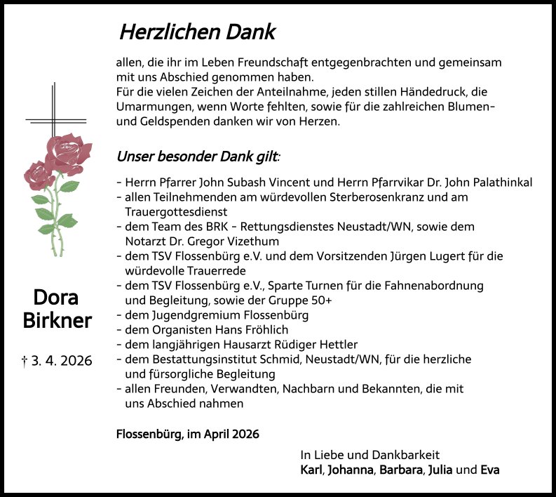 Danksagung Dora Birkner, Flossenbürg