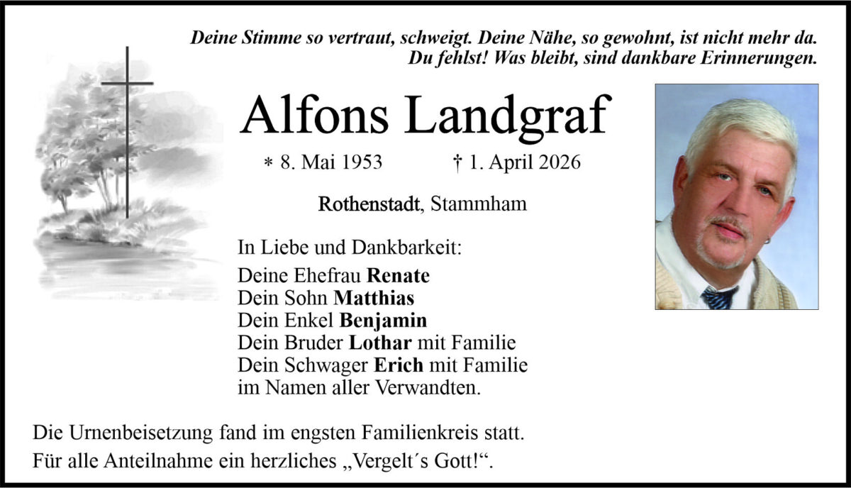 Traueranzeige Alfons Landgraf, Rothenstadt