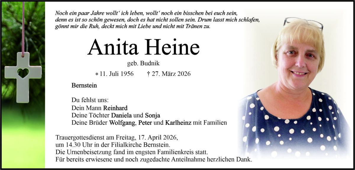 Traueranzeige Anita Heine, Bernstein