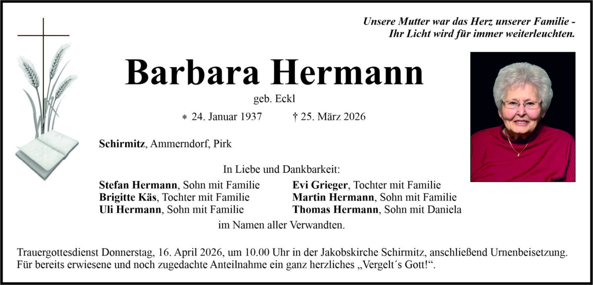Traueranzeige Barbara Hermann, Schirmitz