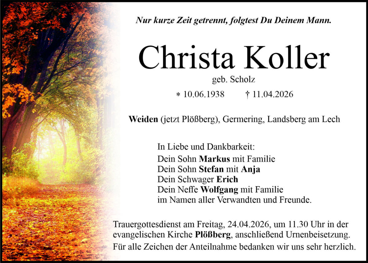 Traueranzeige Christa Koller, Plößberg