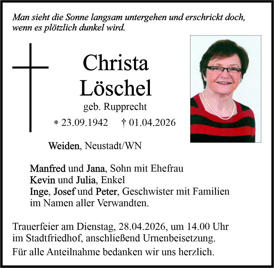 Traueranzeige Christa Löschel, Weiden