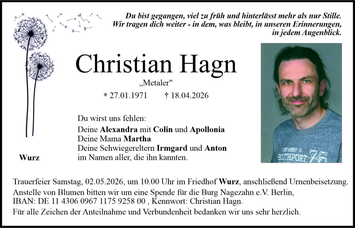 Traueranzeige Christian Hagn, Wurz