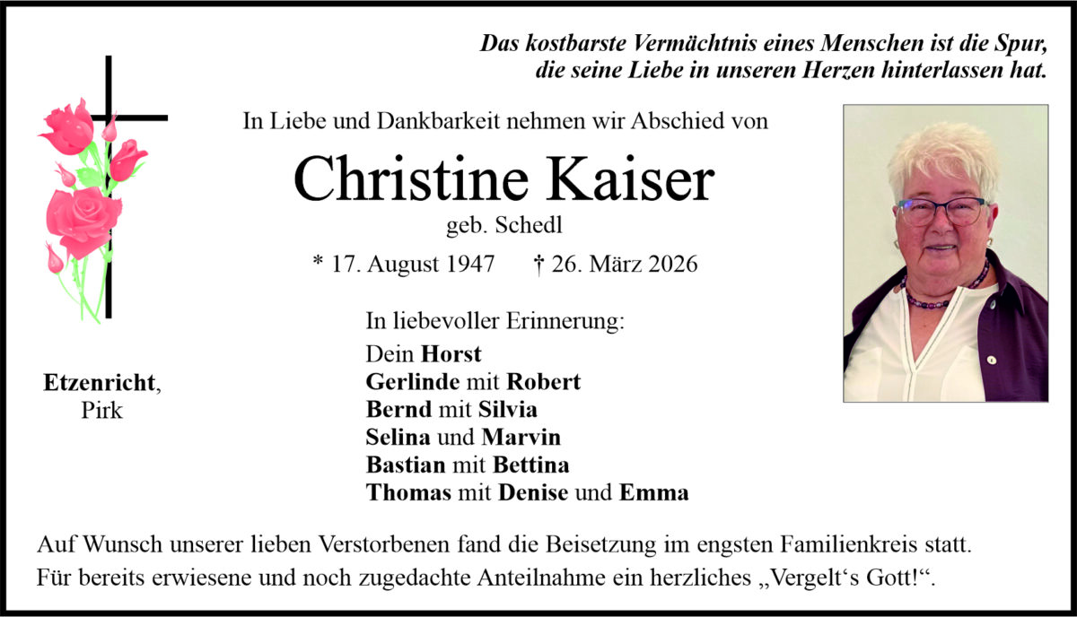 Traueranzeige Christine Kaiser, Etzenricht