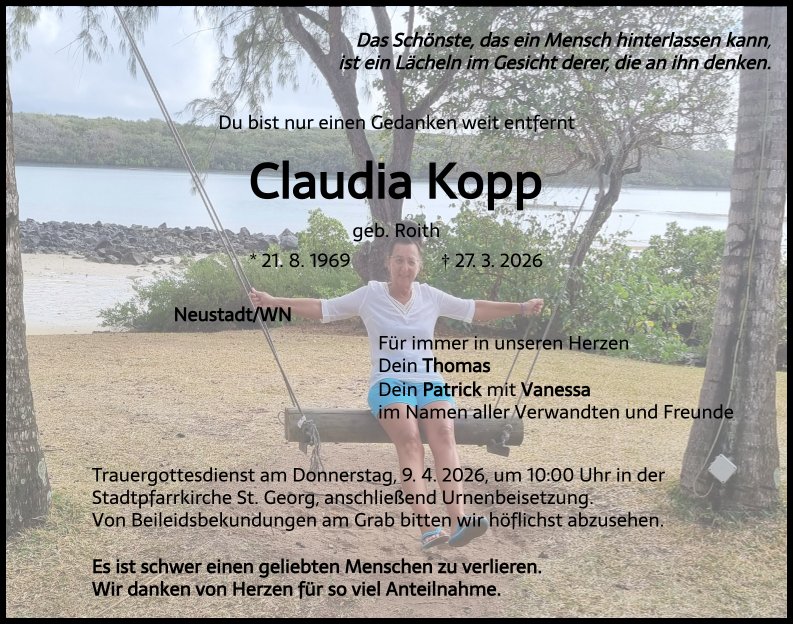 Traueranzeige Claudia Kopp, Neustadt/WN