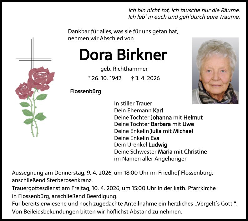 Traueranzeige Dora Birkner, Flossenbürg