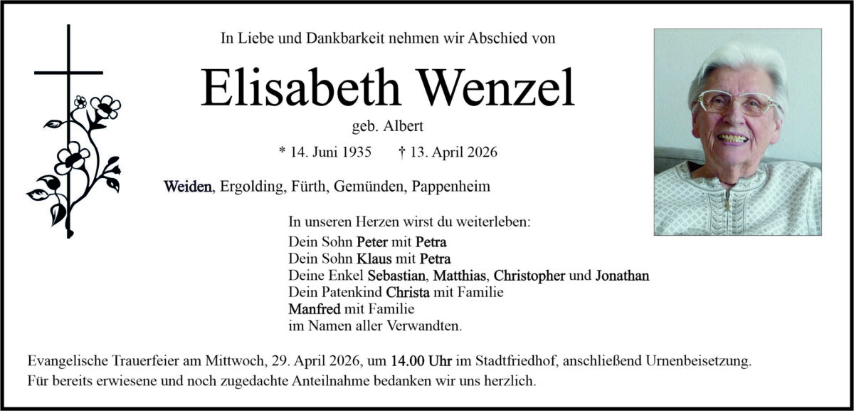 Traueranzeige Elisabeth Wenzel, Weiden