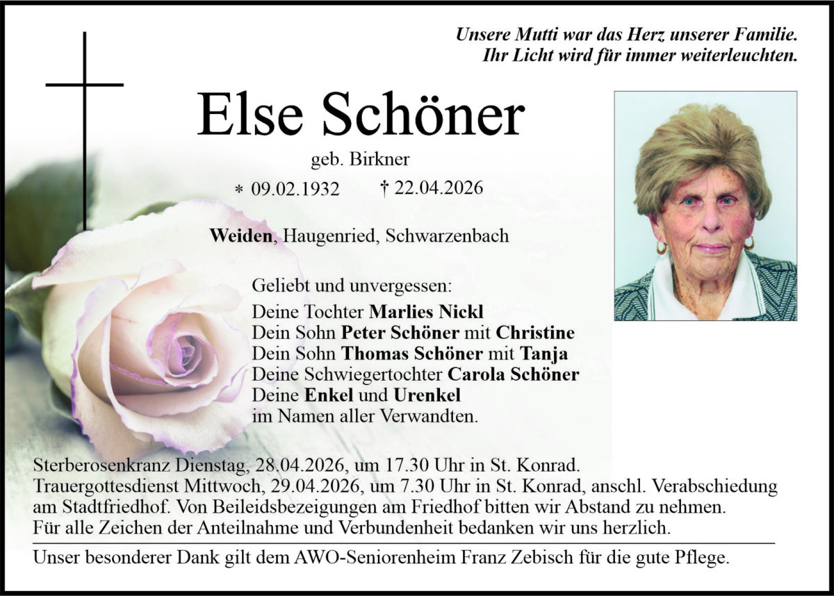 Traueranzeige Else Schöner, Weiden