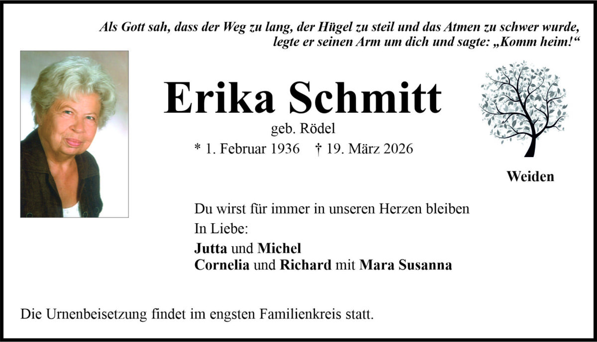 Traueranzeige Erika Schmitt, Weiden