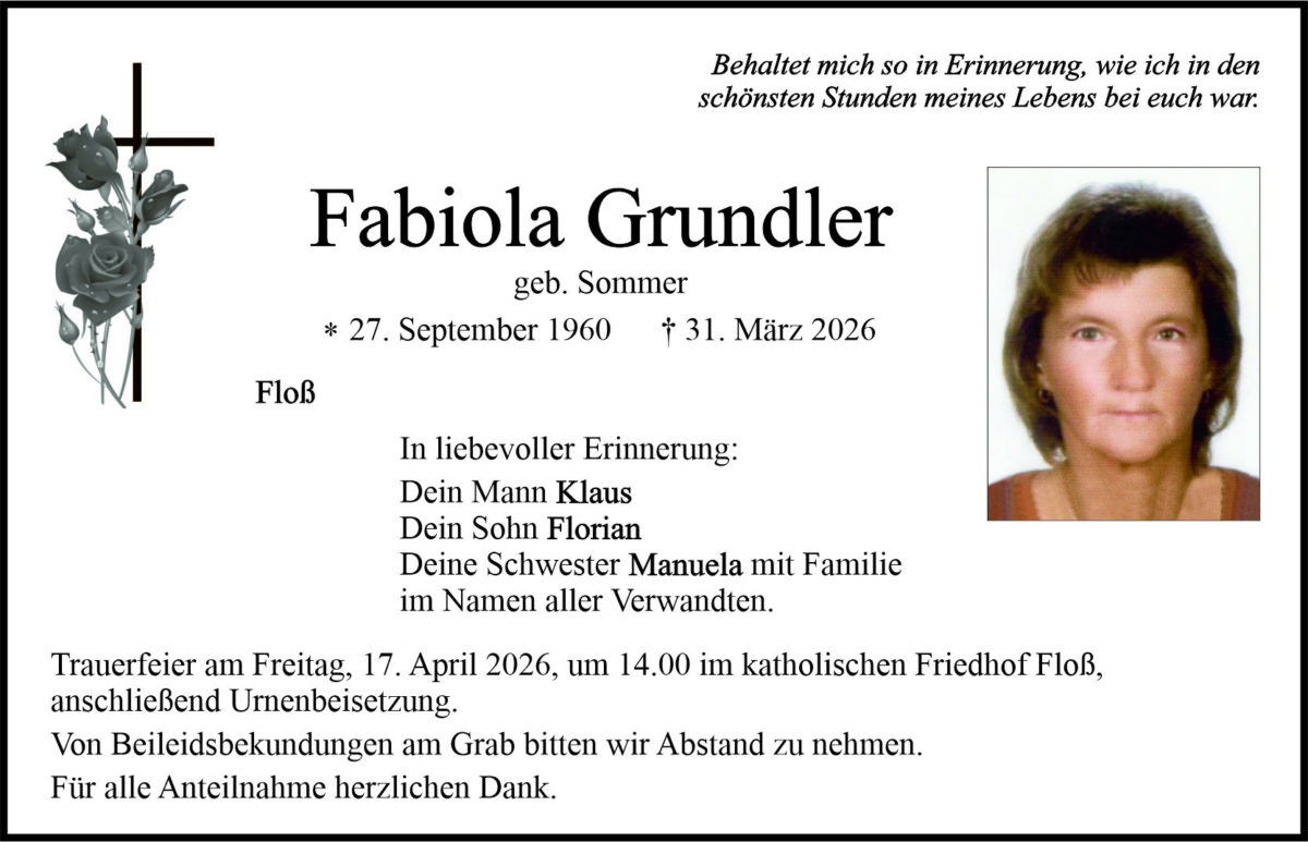 Traueranzeige Fabiola Grundler, Floß