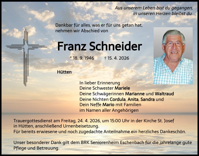 Traueranzeige Franz Schneider, Hütten