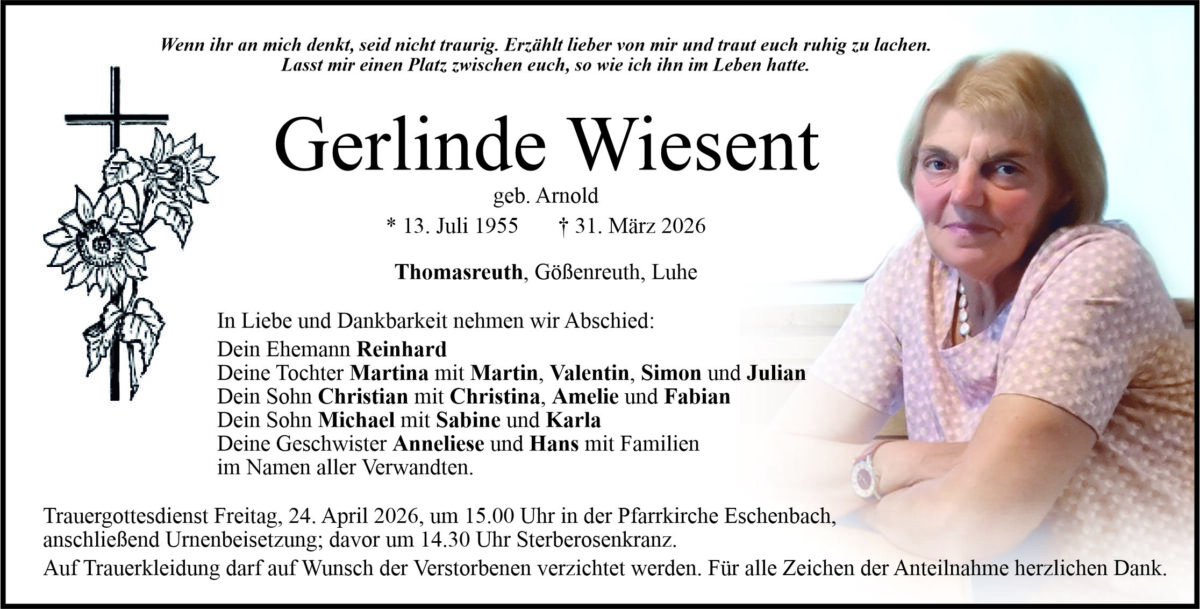 Traueranzeige Gerlinde Wiesent, Thomasreuth