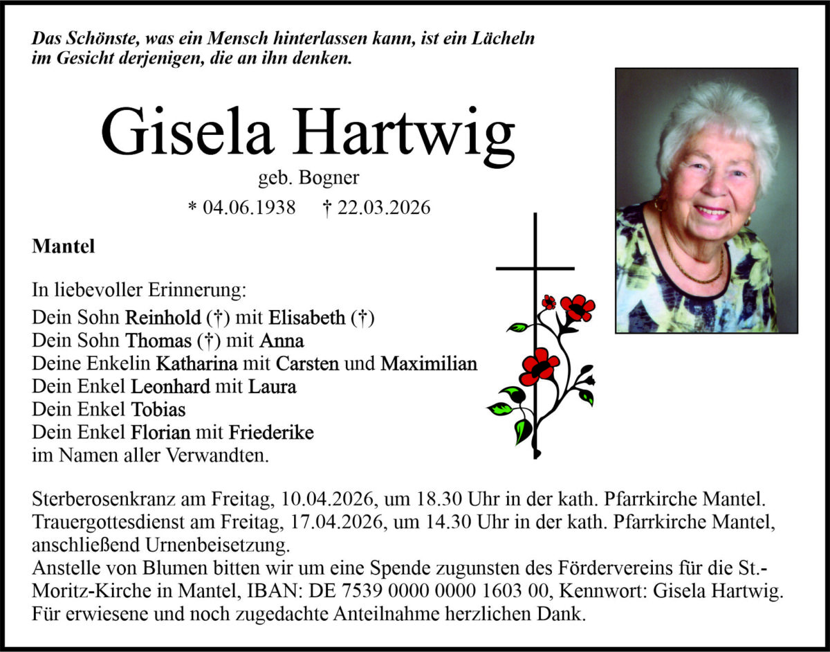 Traueranzeige Gisela Hartwig, Mantel