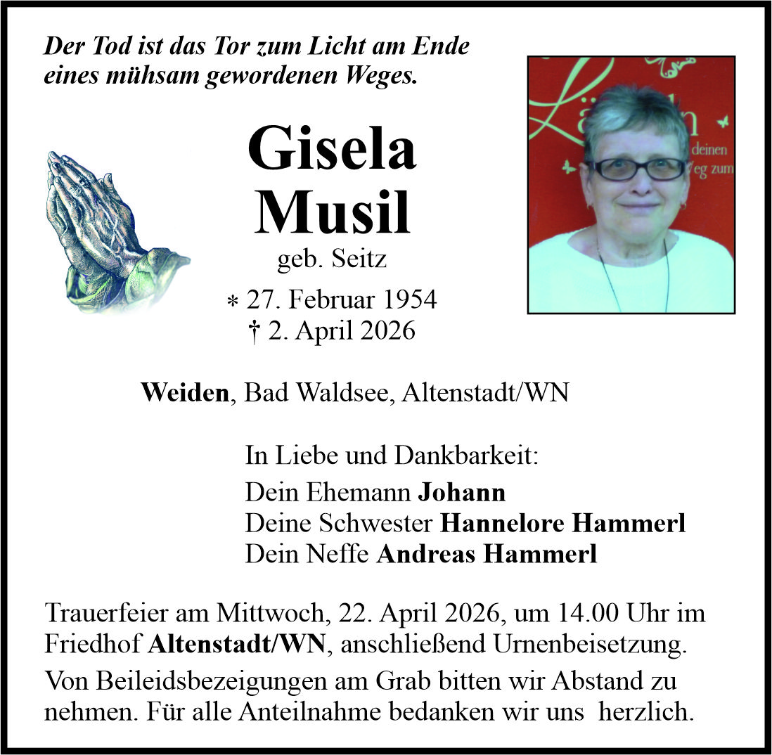 Traueranzeige Gisela Musil, Weiden