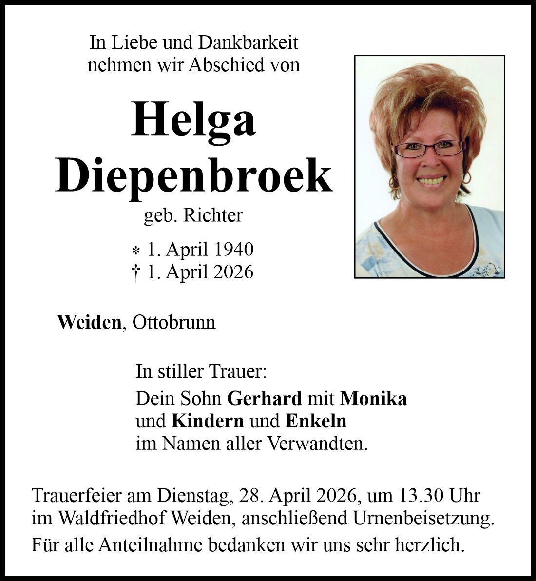 Traueranzeige Helga Diepenbroek, Weiden