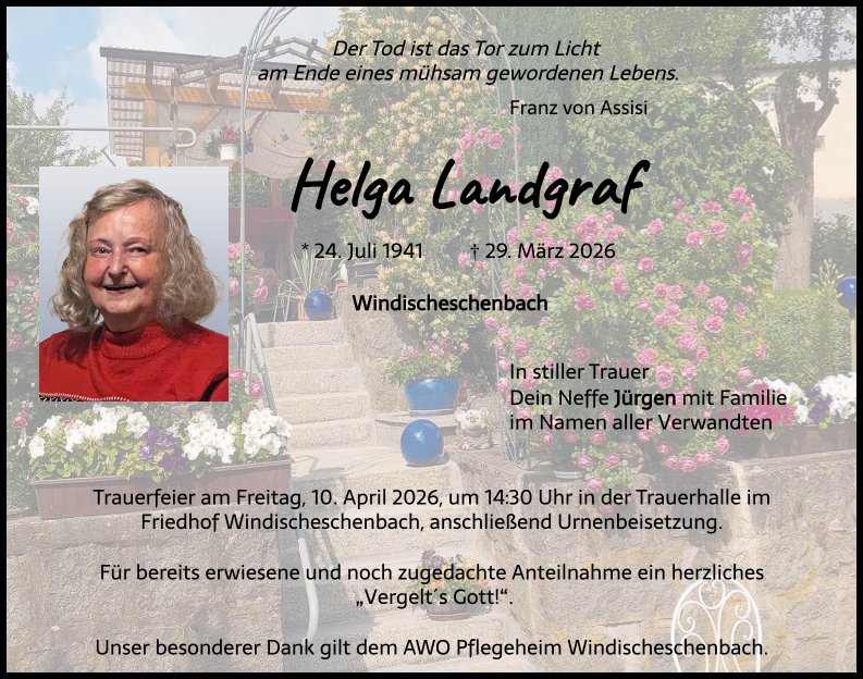 Traueranzeige Helga Landgraf, Windischeschenbach