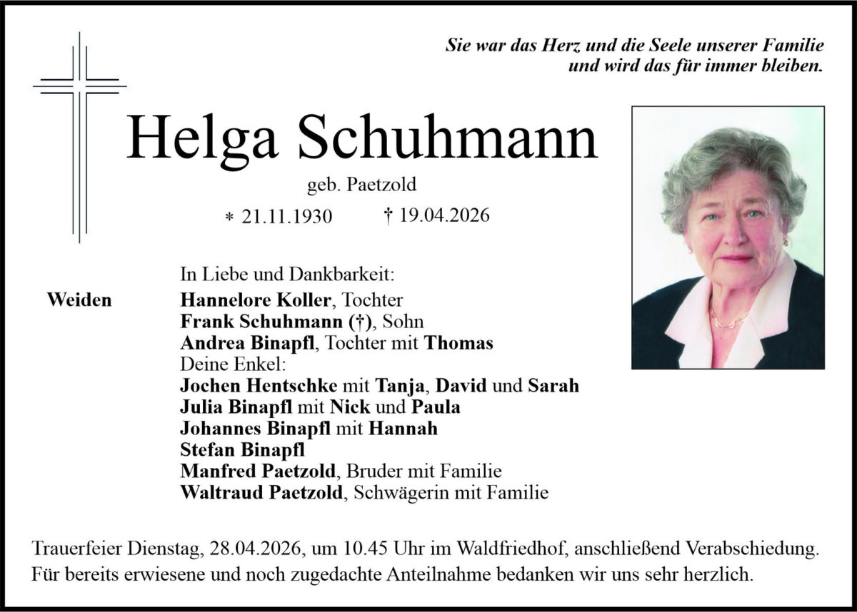 Traueranzeige Helga Schuhmann, Weiden