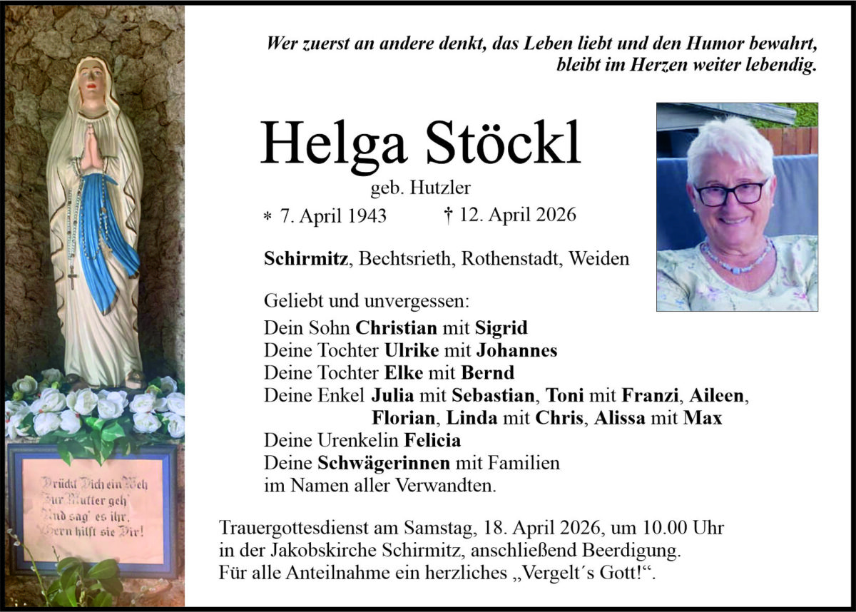 Traueranzeige Helga Stöckl, Schirmitz