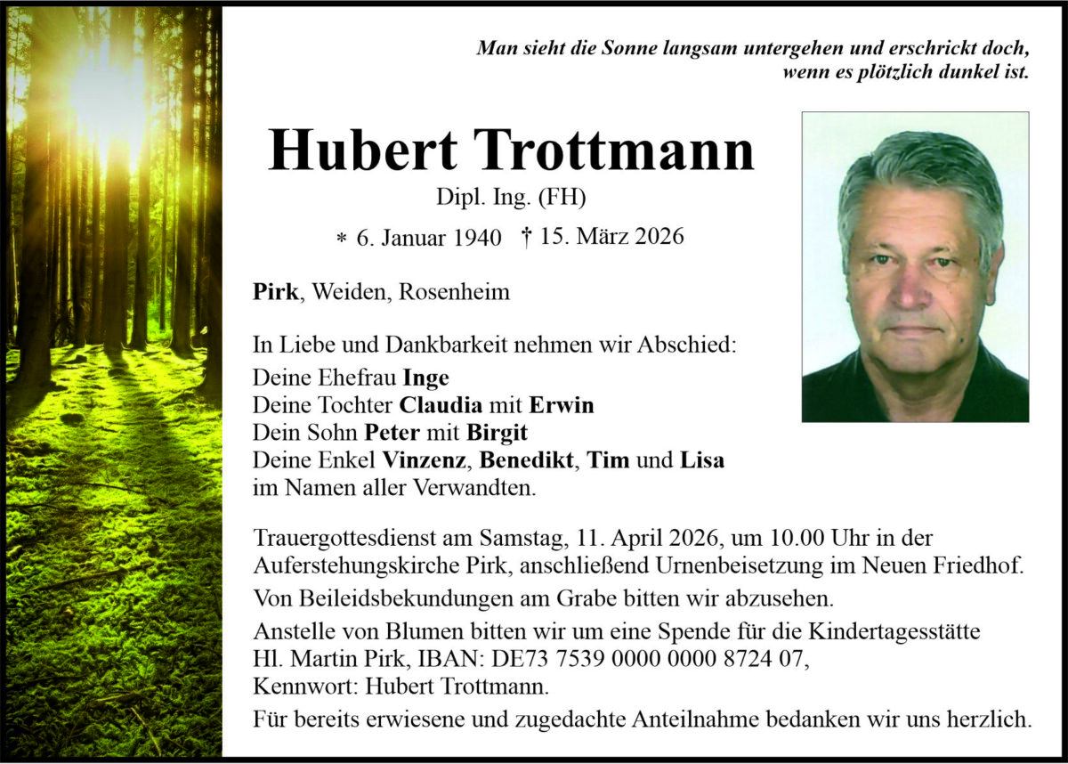 Traueranzeige Hubert Trottmann, Pirk