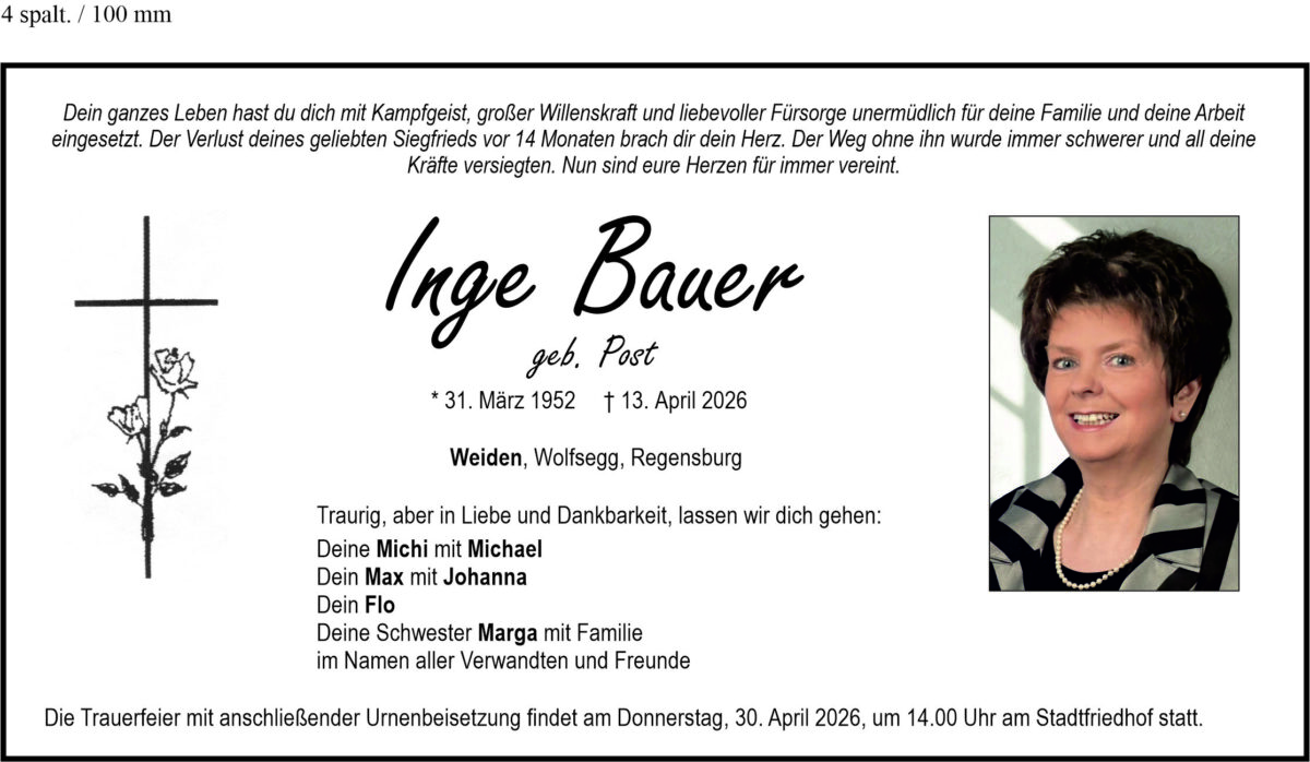 Traueranzeige Inge Bauer, Weiden