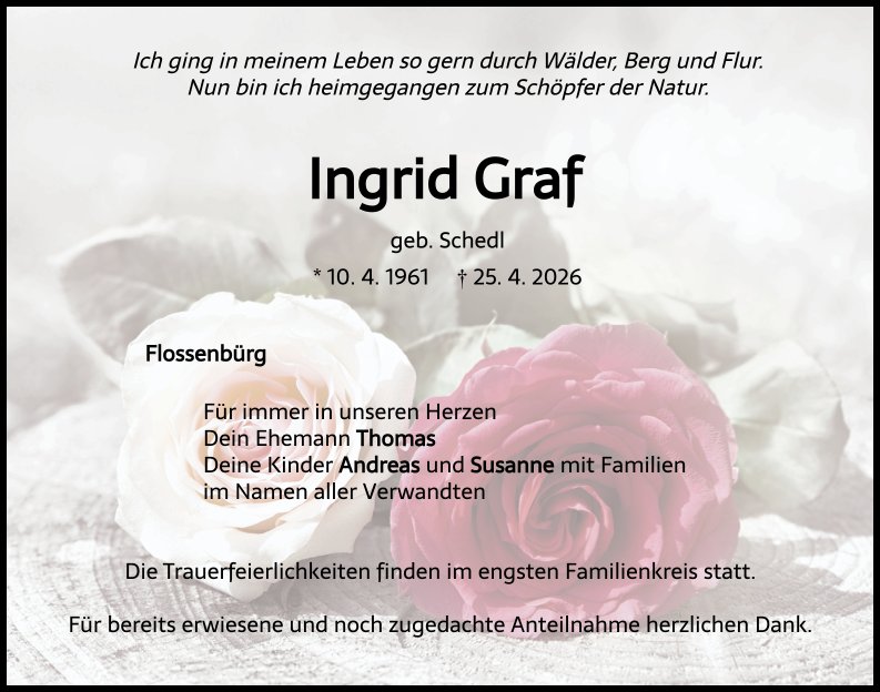 Traueranzeige Ingrid Graf, Flossenbürg